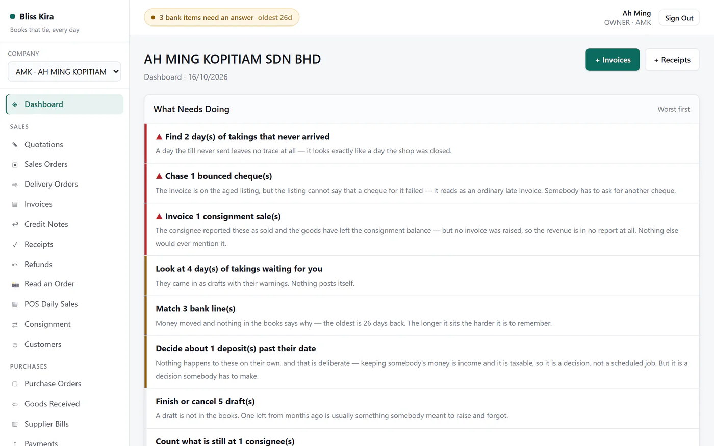 Accounting dashboard listing what needs doing