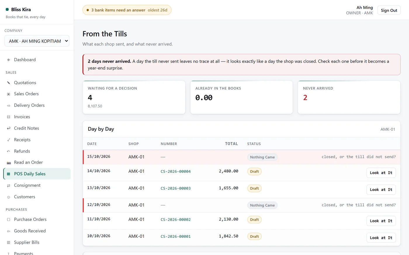 POS daily sales arriving in the accounting system, one draft per day