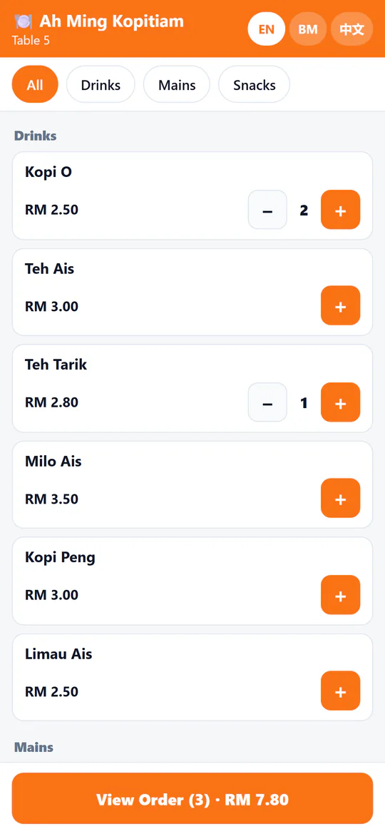 A customer ordering on a phone after scanning the table QR